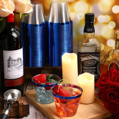 Miniatura 6 de Lounsweer 100 Piezas Vasos de Plástico con Borde de 9oz, Copas de Cóctel Transparentes para Bodas, Copas de Vino Desechables Resistentes para Azul