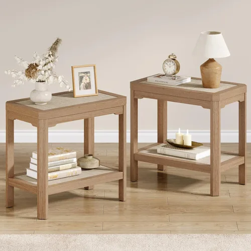 Miniatura 19 de Eclatara Mesitas de noche de ratán, mesa auxiliar de 2 niveles para dormitorio, mesa auxiliar de polígono decorativa para espacios pequeños, mesa