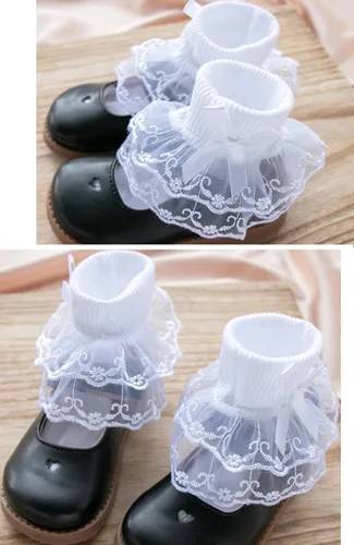 Miniatura 3 de Twtility Calcetines de encaje con volantes para niñas pequeñas, vestido de princesa, doble encaje de algodón con volantes blancos