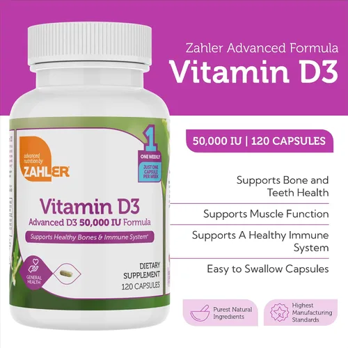 Miniatura 3 de Vitamina D3 de Zahler con 50,000 IU. Suplemento de 120 cápsulas para el huesos, dientes y sistema inmune. Fórmula avanzada centrada