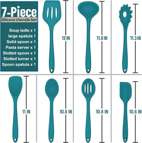 Miniatura 5 de E-far - Juego de utensilios de cocina de silicona, 7 piezas, color azul, resistentes al calor, herramientas antiadherentes, espátula, cucharón
