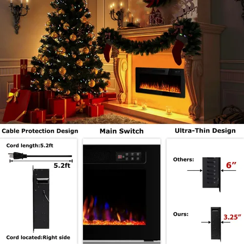 Miniatura 7 de Vitesse Chimenea Eléctrica Ultrafina de 42 Pulgadas Empotrada en Pared y Montada en Pared Calentador de Chimenea, Chimenea Lineal con Llama