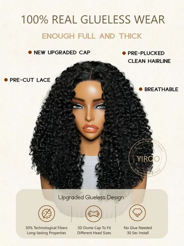 Miniatura 5 de YIROO Peluca de cabello humano rizado profundo, sin pegamento, con mezcla de fibra, cierre de encaje 4x4, densidad del 180 %, predepilada, afro