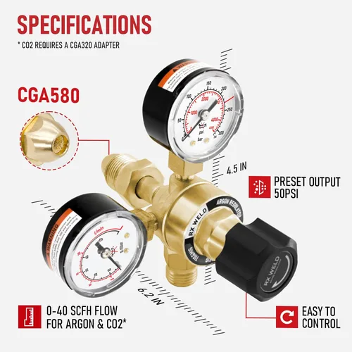 Miniatura 2 de RX WELD Reguladores de argón, medidores de gas para soldadura, regulador para MIG y TIG, conexión de entrada CGA580