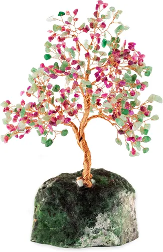 KARMA AND LUCK, Árbol de la vida Feng Shui para decoración del hogar con piedra aguamarina real envuelta con alambre de cobre sobre base de cuarzo