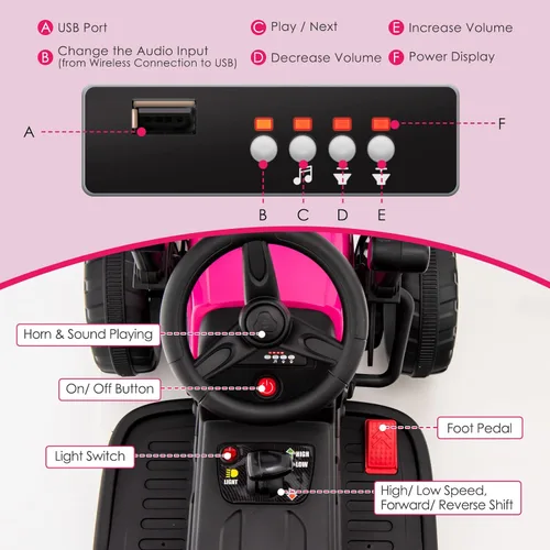 Miniatura 2 de Costzon Auto para montar en coche, rodillo de carretera de 12 V con control remoto, tractor eléctrico a batería con rodillo de tambor ajustable, Rosa