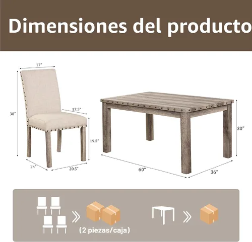 Miniatura 2 de Morden Fort Juego de Comedor Estilo Granja para 4, Mesa Rectangular de Madera de 60" y 4 Sillas Tapizadas con Detalles de Tachuelas, Juego de Mesa