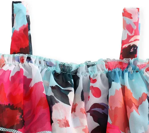 Miniatura 8 de Nutyomi Vestido de verano para niñas pequeñas para el regreso a la escuela, con tirantes de gasa, con volantes, elegante vestido de verano