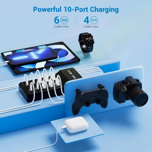 Miniatura 3 de Bloque de cargador USB de 10 puertos - 100W6A4C Hub de puerto USB múltiple para iPhone/iPad/Samsung Galaxy Note Tablet Android Smartphone Negro