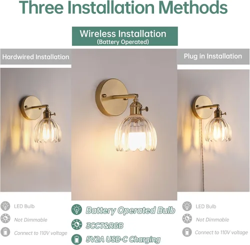 Miniatura 3 de Shenmoyl Candelabro de Pared Vintage Operado por Batería con Linda Lámpara de Vidrio Transparente de Tulipán, Luz de Pared Recargable Inalámbrica