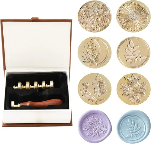 Miniatura 8 de Ailtuer - Juego de 6 sellos de cera de sellado de la serie Plant + 1 empuñadura de madera, kit de sellos de cera vintage con caja de regalo