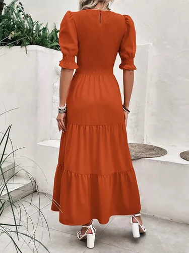 Miniatura 53 de BTFBM Vestidos para mujer, cuello redondo, casual, de verano, con volantes, manga corta, bohemio, con niveles, fruncido, largo, con estampado floral