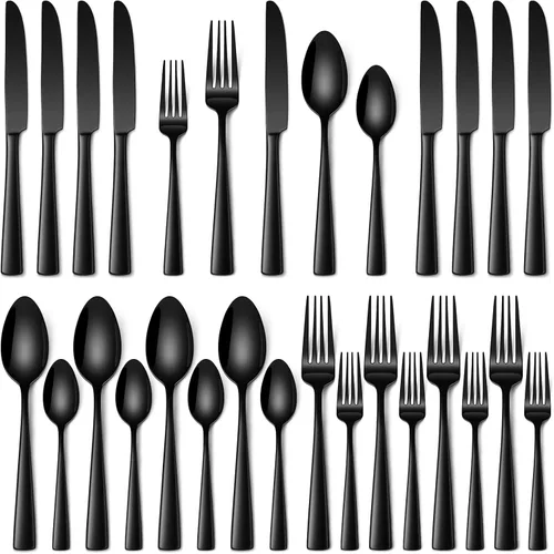 Stapava Juego de cubiertos negros de 20 piezas, de acero inoxidable de grado alimenticio, para 4 cubiertos pulidos con espejo, incluye tenedores,