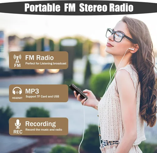 Miniatura 7 de Leting Radio portátil con altavoz MP3, radios FM portátil, soporte de radio FM, tarjeta TF/USB/grabación de música, mini radio con batería Negro