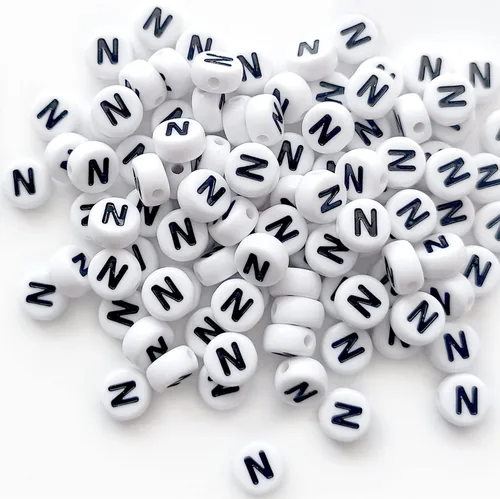 Miniatura 4 de 100 cuentas de letras acrílicas del alfabeto para hacer joyas, cuentas redondas blancas de la letra N para hacer pulseras, collares, llaveros, 1Flat