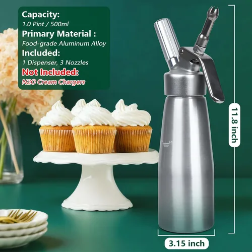 Miniatura 5 de Dispensador de crema batida de 16.9 fl oz, recipiente de aluminio de 1 pinta de crema batida con 6 boquillas de decoración, batidor de crema batida