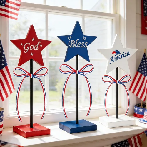 Miniatura 4 de 3PCS 4th of July Table Decorations, 4th of July Decorations for Table, Double Sided Printing Design Rustic Patriotic Decorations, Red White and Blue