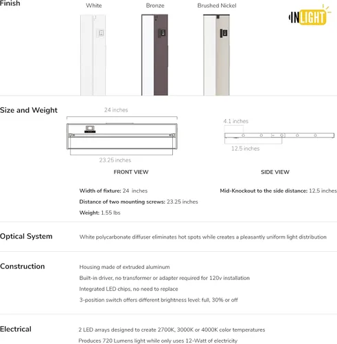 Miniatura 5 de Luz LED GetInLight, regulable, con certificación ETL, para debajo de los armarios, con 3 niveles de color: blanco cálido 2,700 K, blanco suave 3,000