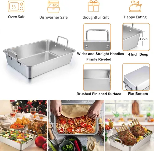 Miniatura 5 de TeamFar Sartén para asar de acero inoxidable, sartén grande para lasaña de pavo de 16 pulgadas con estante en V y estante de enfriamiento para asar