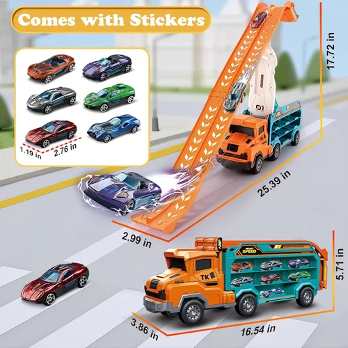 Miniatura 2 de Juguetes de camión para niños pequeños, camión transportador de automóvil de juguete para niños de 3 a 5 4 a 8 años, juegos de pista de autos Naranja