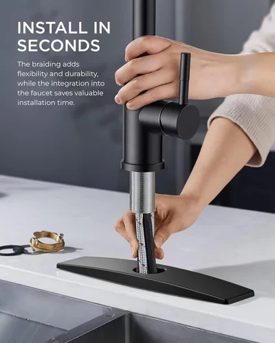 Miniatura 4 de FORIOUS Grifo de cocina negro con rociador desplegable, grifo clásico de acero inoxidable de una sola manija con salida extraíble para fregadero