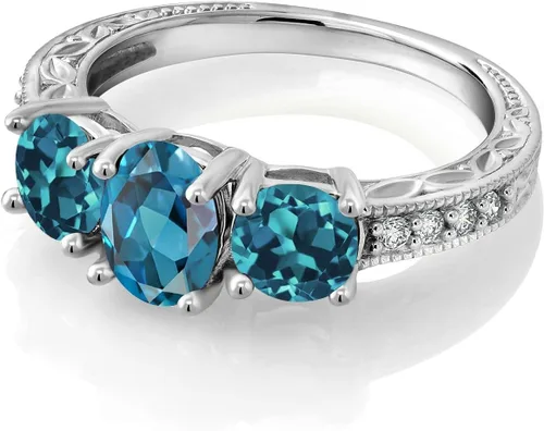 Miniatura 13 de Gem Stone King Anillo de compromiso de 3 piedras preciosas de oro blanco de 10 quilates con piedra natal y diamantes cultivados en laboratorio