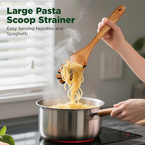 Miniatura 4 de Cucharas de madera para cocinar, juego de utensilios de cocina de madera de teca natural, cucharón grande para sopa y pasta ranurado tenedor colador