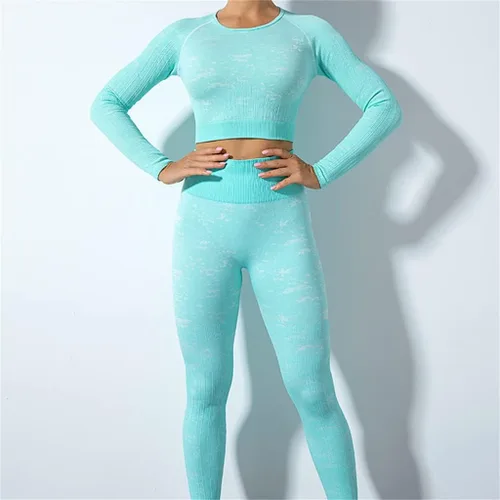 Miniatura 2 de JYDBRT - Conjunto de ropa de yoga con puntos de color, sin costuras, cintura alta, pantalones de yoga para el vientre, traje deportivo de manga