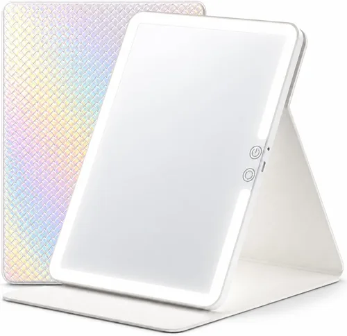Miniatura 9 de Espejo de maquillaje de viaje con luces, espejo de tocador iluminado, 11.9 pulgadas, cuero blanco perla iridiscente