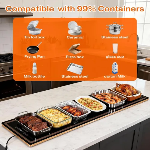 Miniatura 6 de Bandeja de calentamiento eléctrica para bufés de fiesta (51 x 12 pulgadas) Tapete de calentamiento de alimentos con 12 ajustes de temperatura