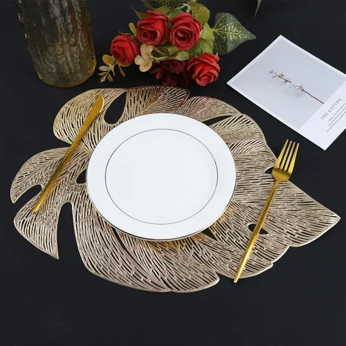 Miniatura 2 de Juego de 6 manteles individuales con hojas huecas para mesa de comedor, manteles de vinilo prensado para mesa de vacaciones, fiestas, bodas, centros