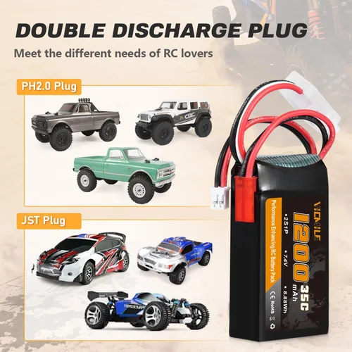 Miniatura 5 de Batería SCX24 7.4V 1200mAh Lipo Batería 2S 35C (Burst 70C) con PH2.0 JST Plug Fit para SCX24 RC Car WLtoys A949 A959 A969 A979 K929 y la mayoría