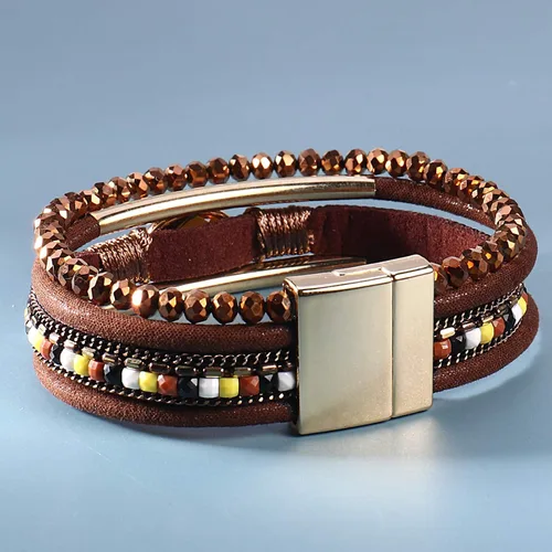 Miniatura 6 de FANCY SHINY- Pulseras de cuero de la envoltura de cuentas de cristal de la pulsera Boho Cuff piedra, dije, pulseras con cierre magnético de joyería