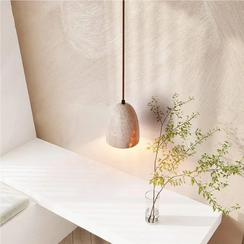 Miniatura 4 de Small Yellow Travertine Hanging Lamp Vintage Mid Century Living Room Pendant Lights Modern Simple Wood Dome Chandeliers for Farmhouse Restaurant