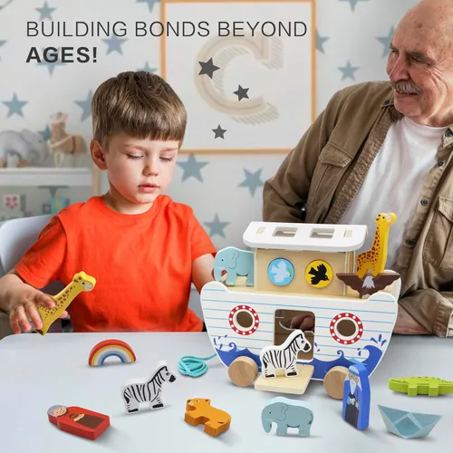Miniatura 3 de bpmfkid Juego de juguetes de madera del Arca de Noé, juguetes educativos de animales de madera para niños pequeños, juguetes educativos