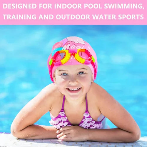 Miniatura 6 de Gorros de natación para niñas (de 2 a 6 años), gorro de natación de silicona impermeable duradero para cabello corto con gafas de natación, tapón