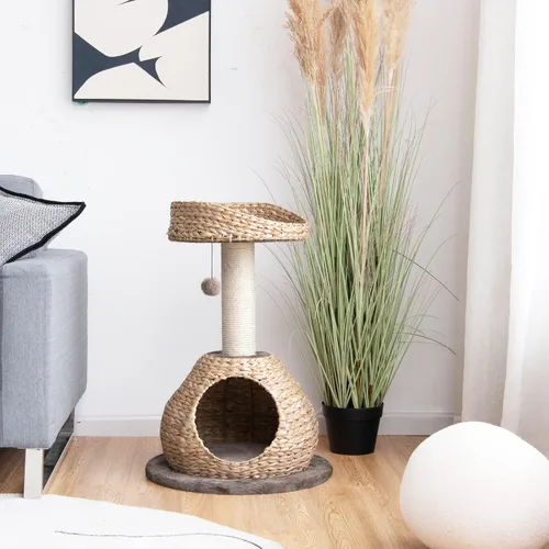 Miniatura 2 de Tangkula Árbol para gatos moderno, torre para gatos pequeña con poste de rascar de sisal natural, condominio para gatos de mimbre hecho a mano