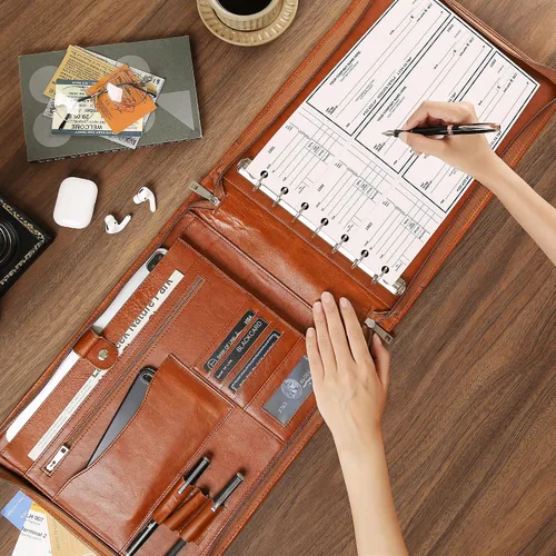 Miniatura 5 de Cuaderno de cheques personalizado de cuero para negocios, carpeta de 7 anillos grabada con soporte para libro de cheques para 3 por página, Marrón