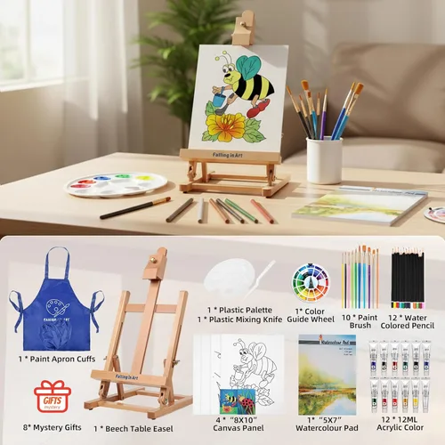Miniatura 4 de Falling in Art Juego de pintura para niños con caballete de mesa, kit de inicio de pintura acrílica con bata de arte, pinturas acrílicas, lápices