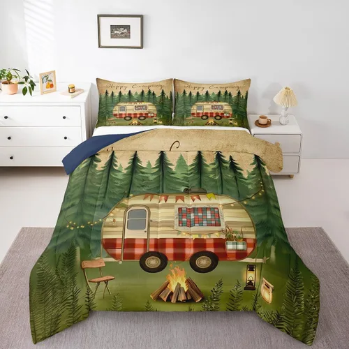 Miniatura 20 de Erosebridal Juego de edredón de campamento para niños y niñas, ropa de cama de campista tamaño twin, edredón vintage de campamento feliz