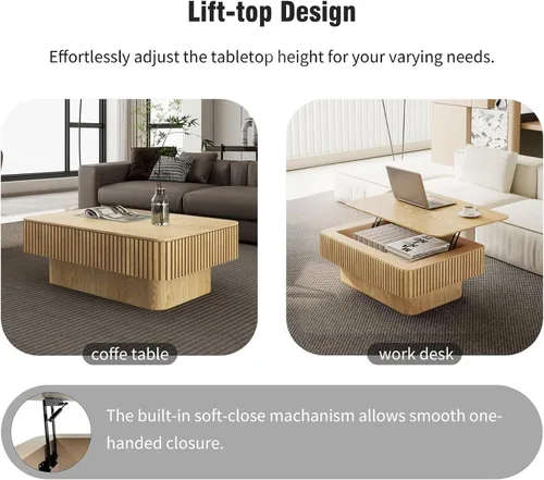 Miniatura 6 de LKTART Mesa de Centro con Tapa Elevable para Sala de Estar, Mesa de Centro Acanalada de Acento con Almacenamiento, Mesa de Té Central Rectangular