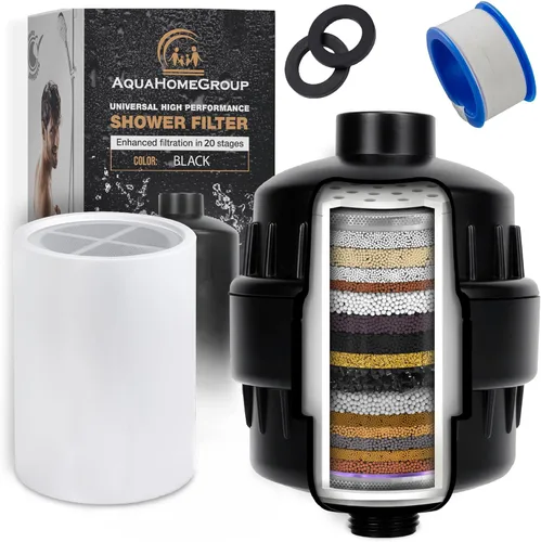 AquaHomeGroup Filtro de ducha de 20 etapas con vitamina C E para agua dura, filtro de agua de ducha de alto rendimiento para eliminar el cloro y el