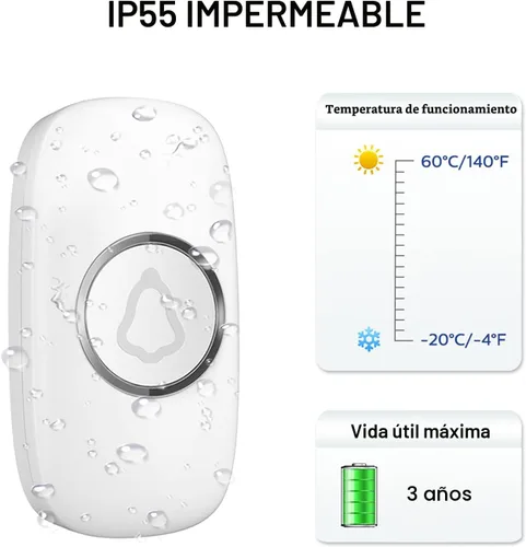 Miniatura 6 de SECRUI Timbre inalámbrico, fácil instalación, impermeable, volumen ajustable, 58 melodías, LED colorido, rango de 1000 pies, M520+F55, blanco