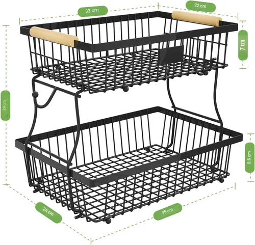 Miniatura 4 de Cesta de frutas de 2 niveles para encimera de cocina con 2 ganchos para plátanos, cesta de pan de metal para encimera con mango de madera, soporte