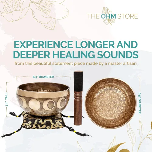 Miniatura 2 de Ohm Store - Juego de cuencos tibetanos grandes de diseño antiguo, cuenco de sonido relajante de meditación de tono profundo y mazo de madera hecho a