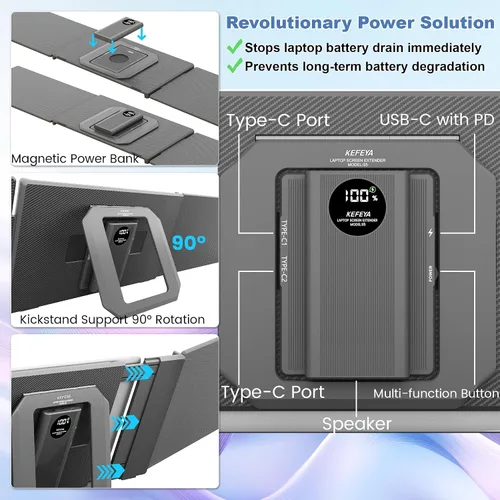 Miniatura 4 de KEFEYA Extensión de Pantalla para Laptop de 15.6", Incluye Batería Externa, Extensión Triple de Monitor para Laptops de 13-17", FHD 1080P IPS