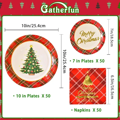 Miniatura 2 de Suministros de fiesta de Navidad Gatherfun, decoración de árbol de Navidad, platos de papel desechables rojos con diseño de cuadros para cena