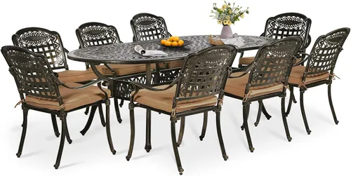 Miniatura 30 de Juego de comedor de patio de 9 piezas, mesa y sillas de patio al aire libre, mesa de comedor ovalada de aluminio fundido de 84 pulgadas con agujero