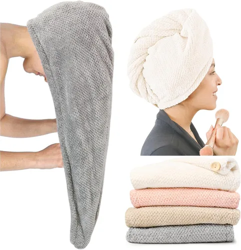 Miniatura 9 de ROLSHOL Paquete de 4 Toallas Envolventes de Microfibra Extra Grandes para Cabello para Mujeres Súper Absorbentes y de Secado Rápido con Botón