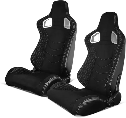 Miniatura 33 de IKON MOTORSPORTS, Asiento universal de carreras PU + cuero de carbono + gamuza, con deslizadores dobles, asiento deportivo reclinable negro